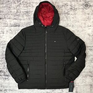 NWT Tommy Hilfiger THFlex Men's XL Puffer Jacket Coat Black Red Hooded Stretch